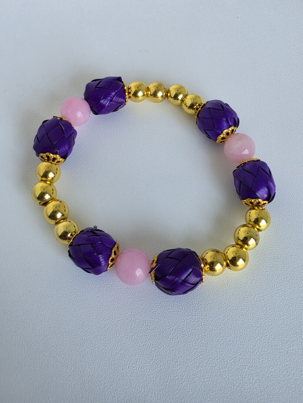 Handmade Purple Palm & Pink Agate Stretch Bracelet Gold Tone Beaded Boho